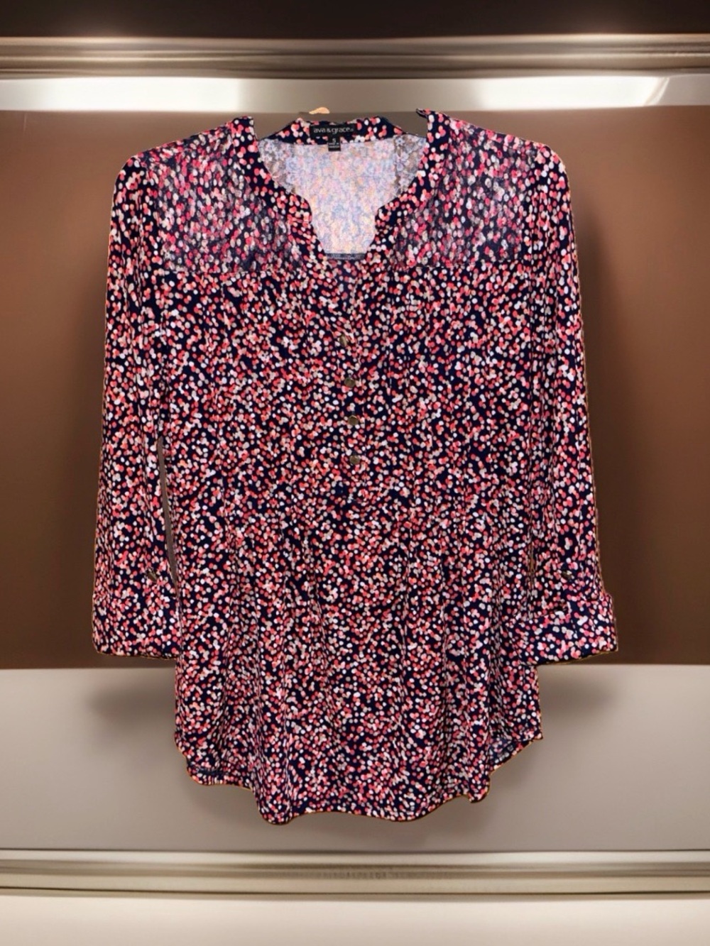 Ava & Grace Navy Pink & White Ditsy Floral Notch-Neck Blouse w/Lace Yoke-S-EC